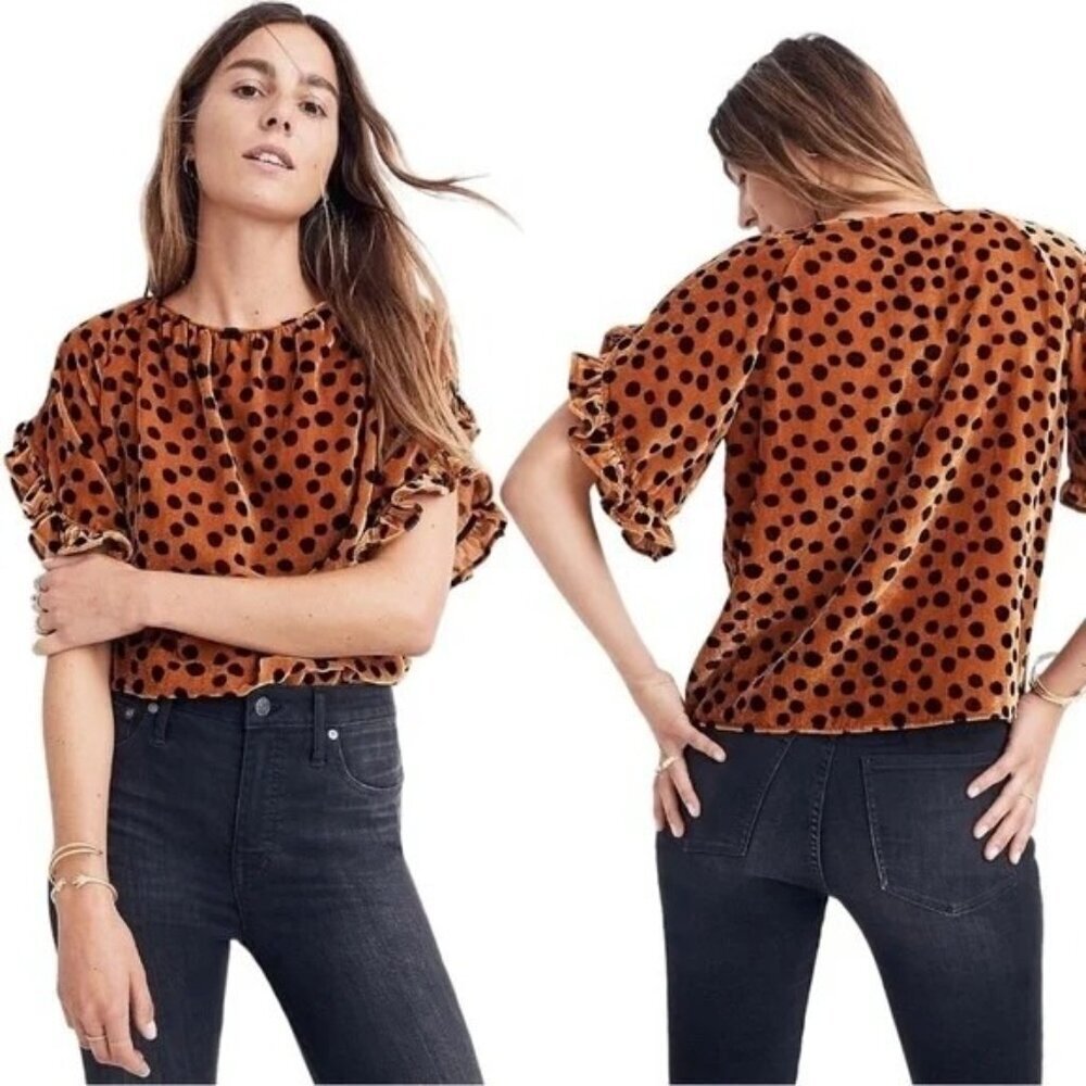Madewell Momento Black Polka Dot Velour Ruffle Sleeve Top